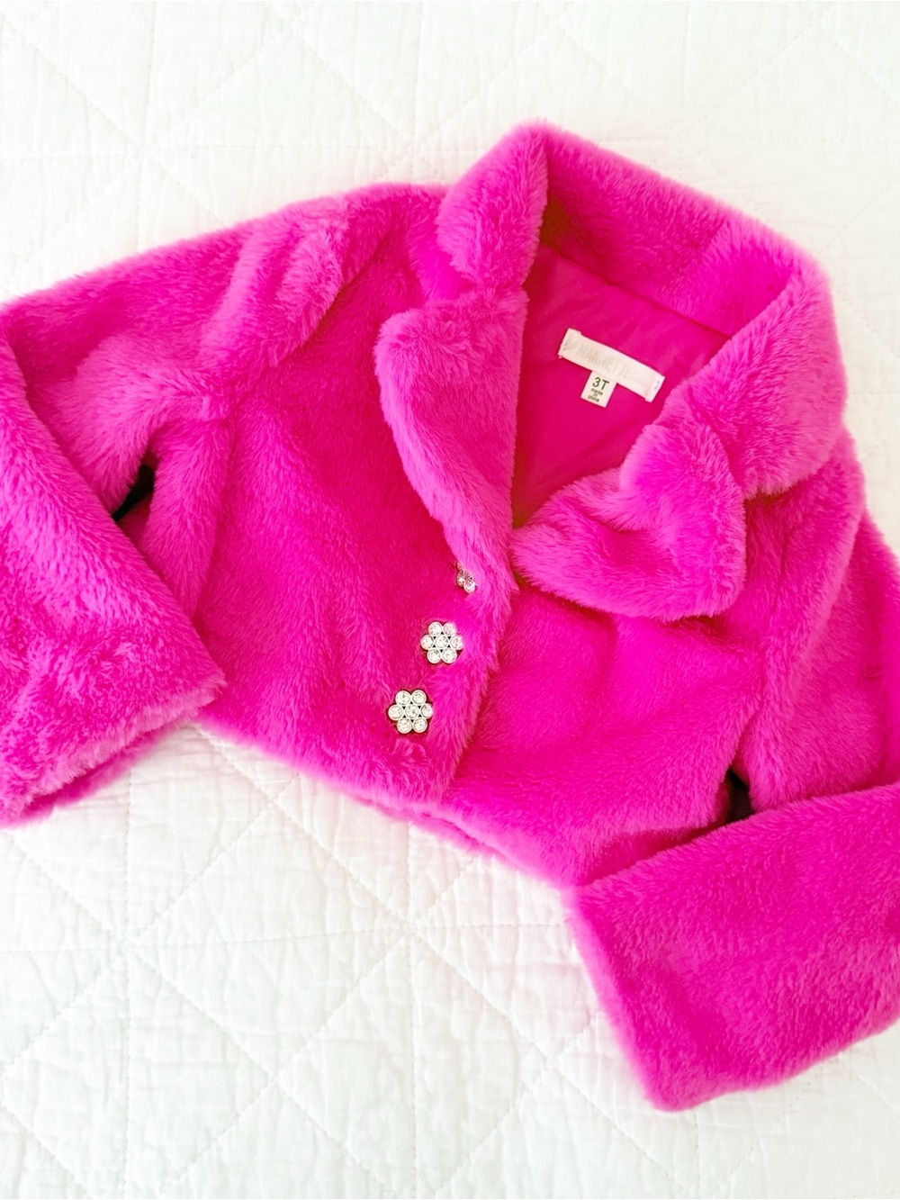 Nannette Kids Bright Hot Pink Faux Fur Cropped Jacket with Floral Buttons 3T